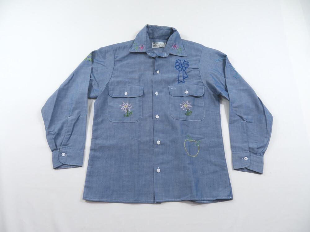Kmart Chambray Shirt, Embroidered Flowers Animals, Blue Sz S 1970s